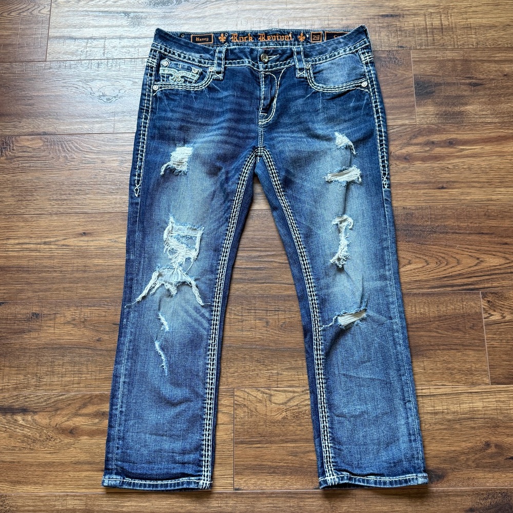 Rock Revival Women’s Nancy Embellished Distressed Crop Jeans Size 29